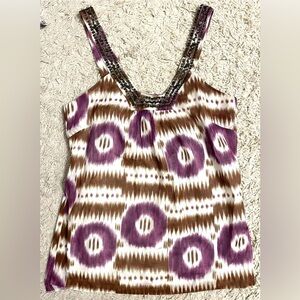 TRINA TURK purple brown white tie die sleeveless beaded shirt top blouse small s